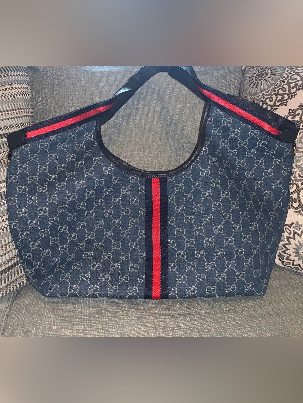 Blue Denim Tote with Red Stripe - Picture 4 of 5